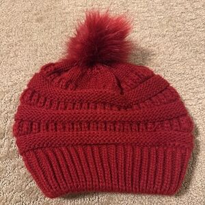 NWOT Red Pom Pom Knit Beanie Hat